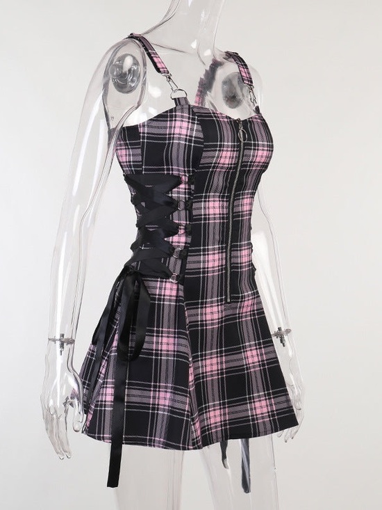 Dresses & Skirts - Plaid Pink & Black Zip-Front Mini Dress
